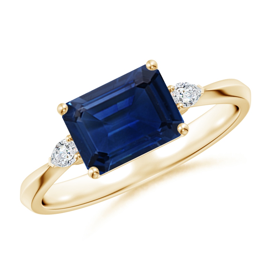 8x6mm AAA Classic East-West Emerald-Cut Blue Sapphire Side Stone Engagement Ring in Yellow Gold 