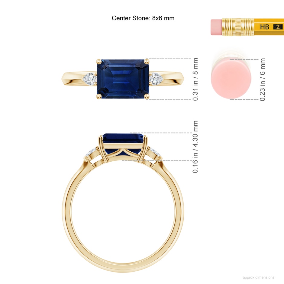 8x6mm AAA Classic East-West Emerald-Cut Blue Sapphire Side Stone Engagement Ring in Yellow Gold ruler