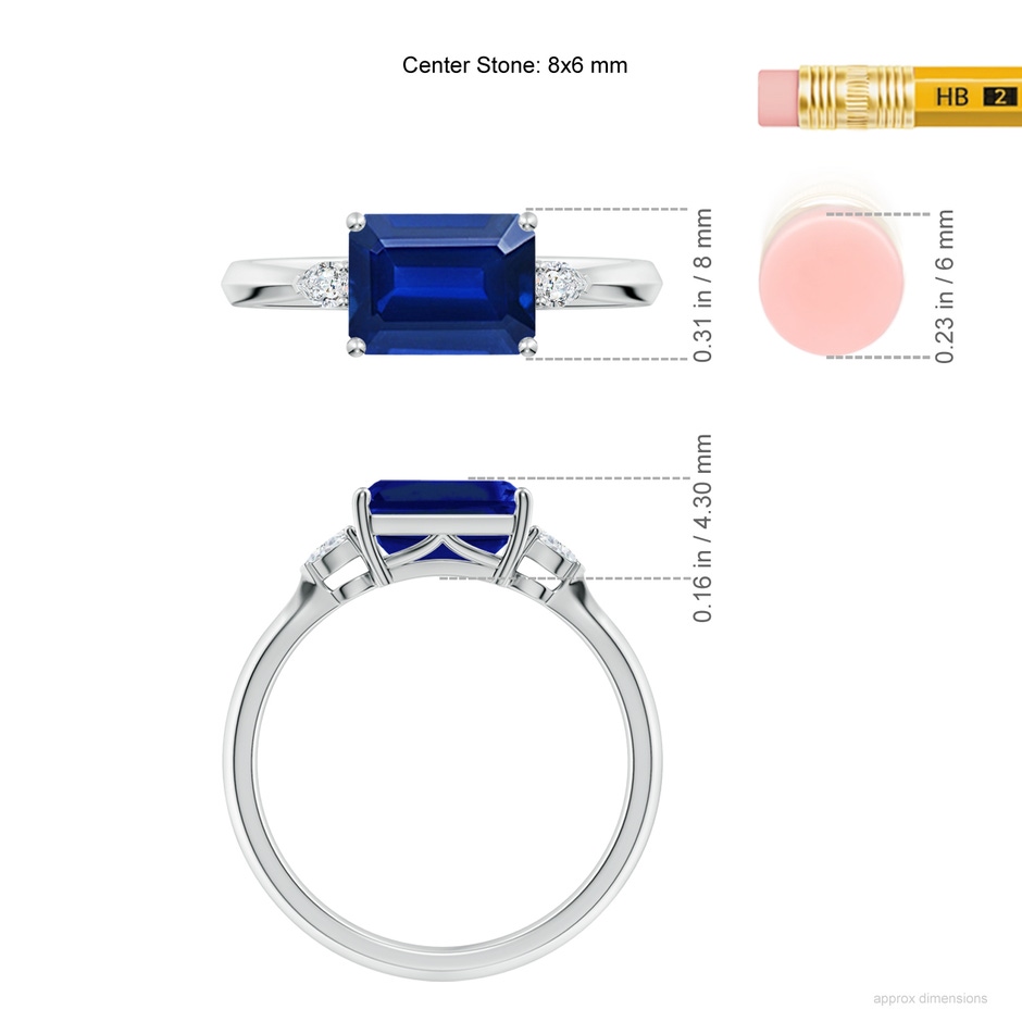 8x6mm AAAA Classic East-West Emerald-Cut Blue Sapphire Side Stone Engagement Ring in P950 Platinum ruler