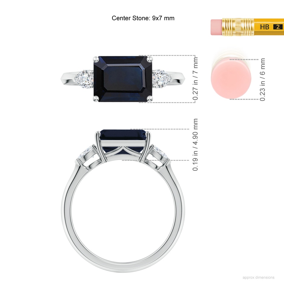 9x7mm A Classic East-West Emerald-Cut Blue Sapphire Side Stone Engagement Ring in White Gold ruler