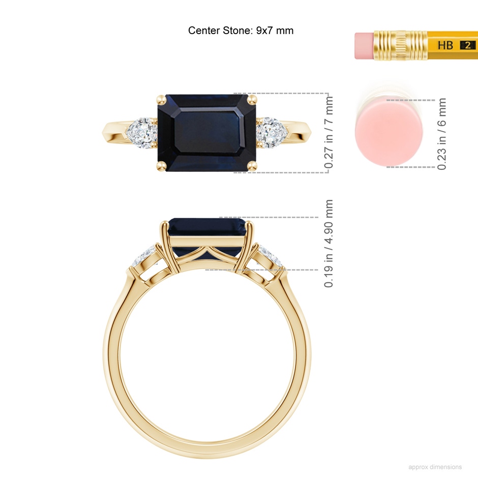 9x7mm A Classic East-West Emerald-Cut Blue Sapphire Side Stone Engagement Ring in Yellow Gold ruler