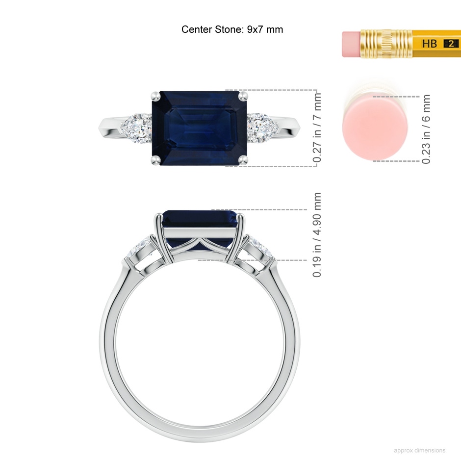 9x7mm AA Classic East-West Emerald-Cut Blue Sapphire Side Stone Engagement Ring in White Gold ruler