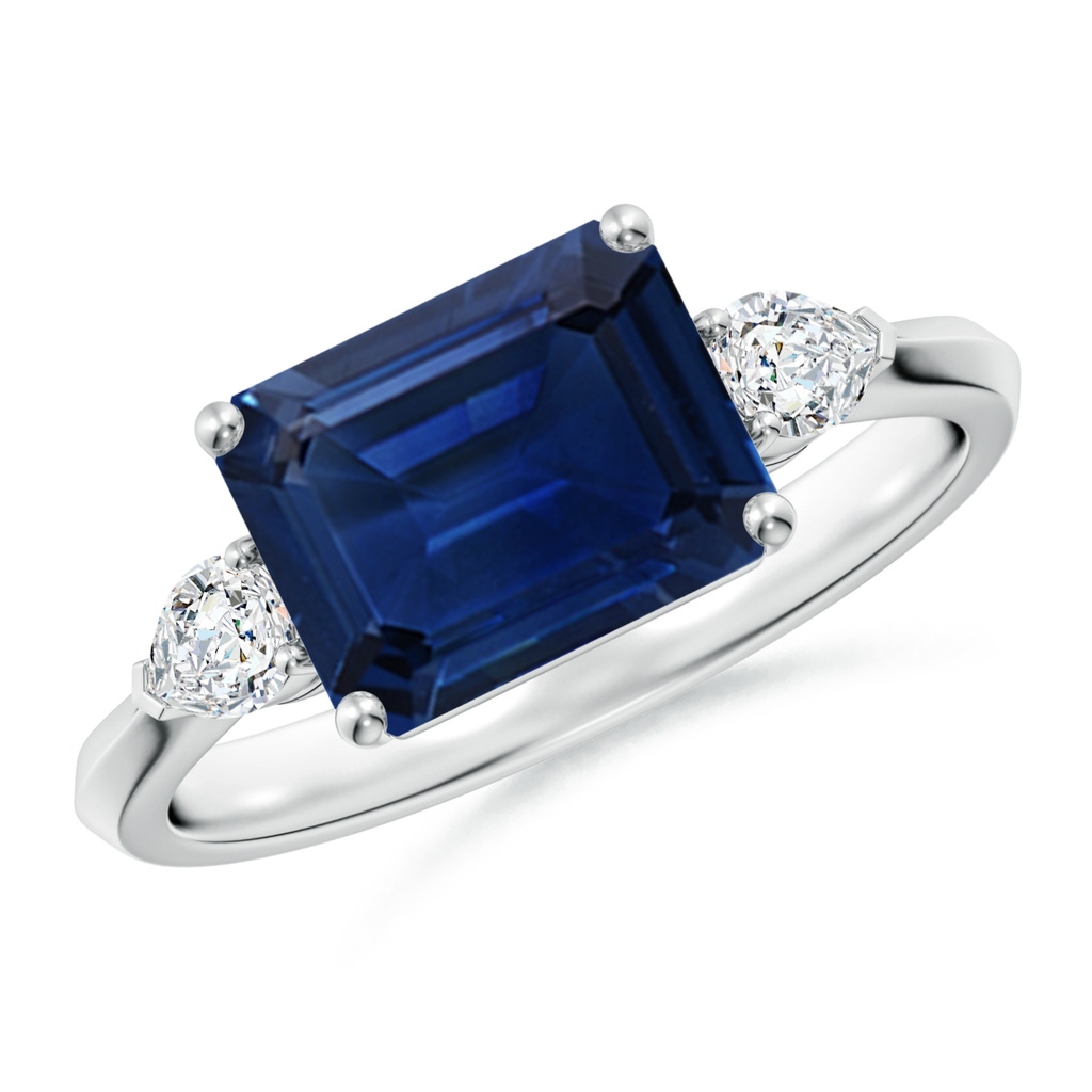 9x7mm AAA Classic East-West Emerald-Cut Blue Sapphire Side Stone Engagement Ring in White Gold