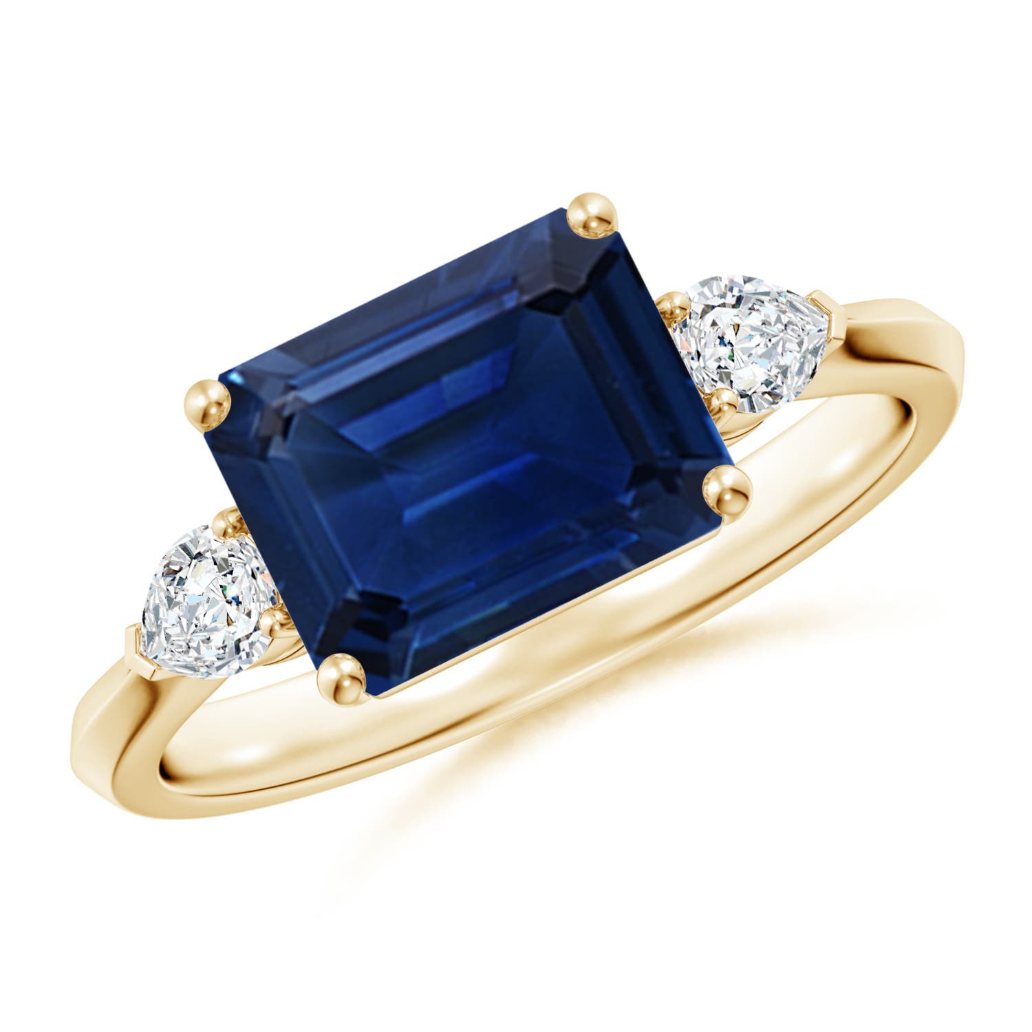 9x7mm AAA Classic East-West Emerald-Cut Blue Sapphire Side Stone Engagement Ring in Yellow Gold