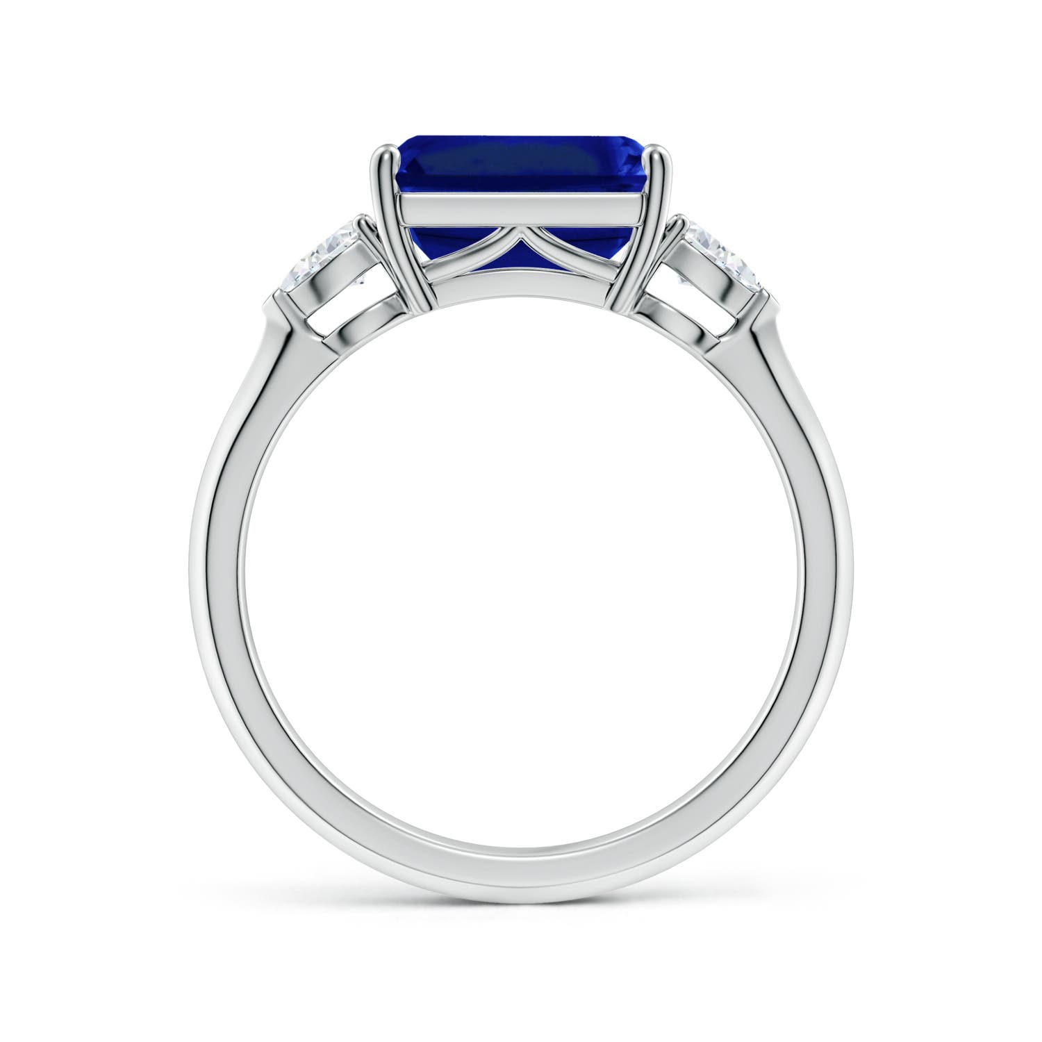 9x7mm AAAA Classic East-West Emerald-Cut Blue Sapphire Side Stone Engagement Ring in 18K White Gold