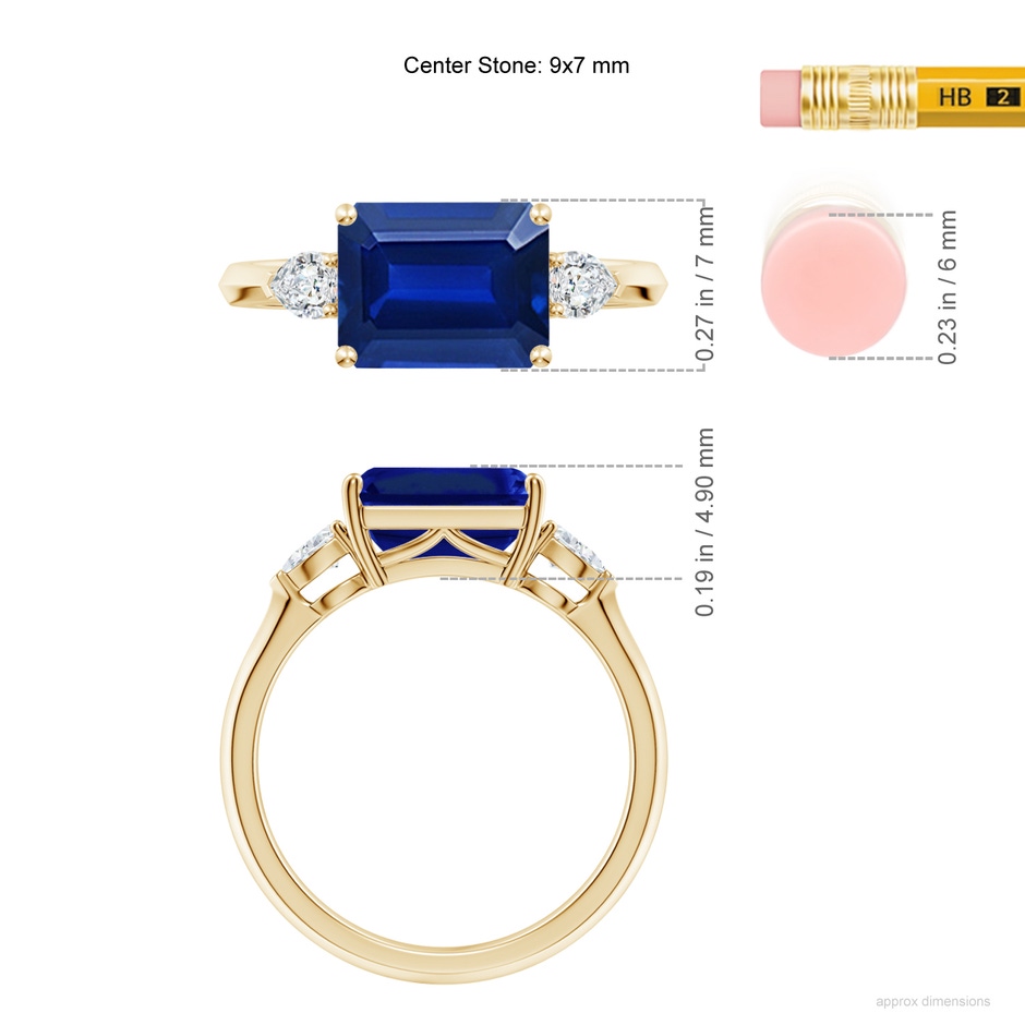 9x7mm AAAA Classic East-West Emerald-Cut Blue Sapphire Side Stone Engagement Ring in Yellow Gold ruler