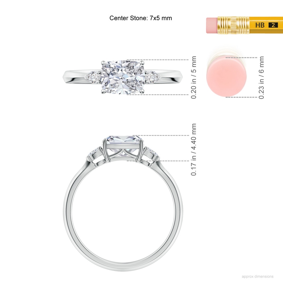 7x5mm HSI2 Classic East-West Cushion Rectangular Diamond Side Stone Engagement Ring in White Gold ruler