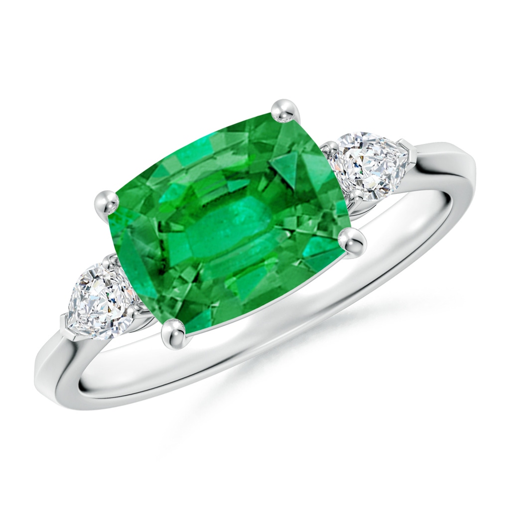 9x7mm AAA Classic East-West Cushion Rectangular Emerald Side Stone Engagement Ring in White Gold
