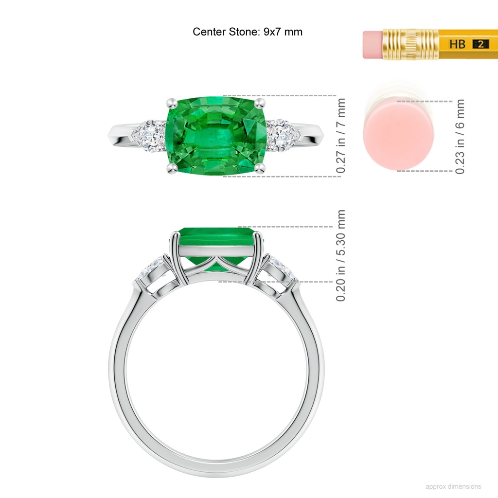 9x7mm AAA Classic East-West Cushion Rectangular Emerald Side Stone Engagement Ring in White Gold ruler