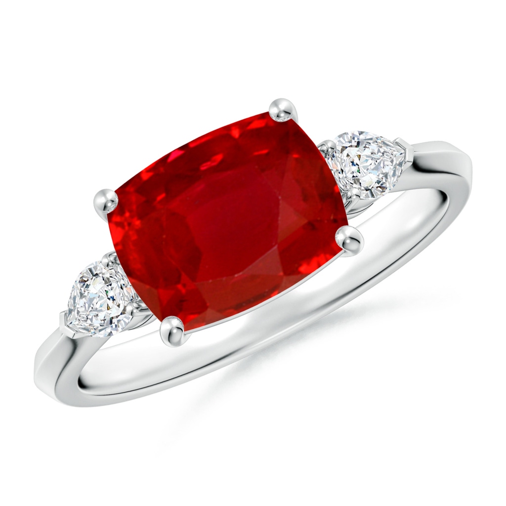 9x7mm AAA Classic East-West Cushion Rectangular Ruby Side Stone Engagement Ring in White Gold