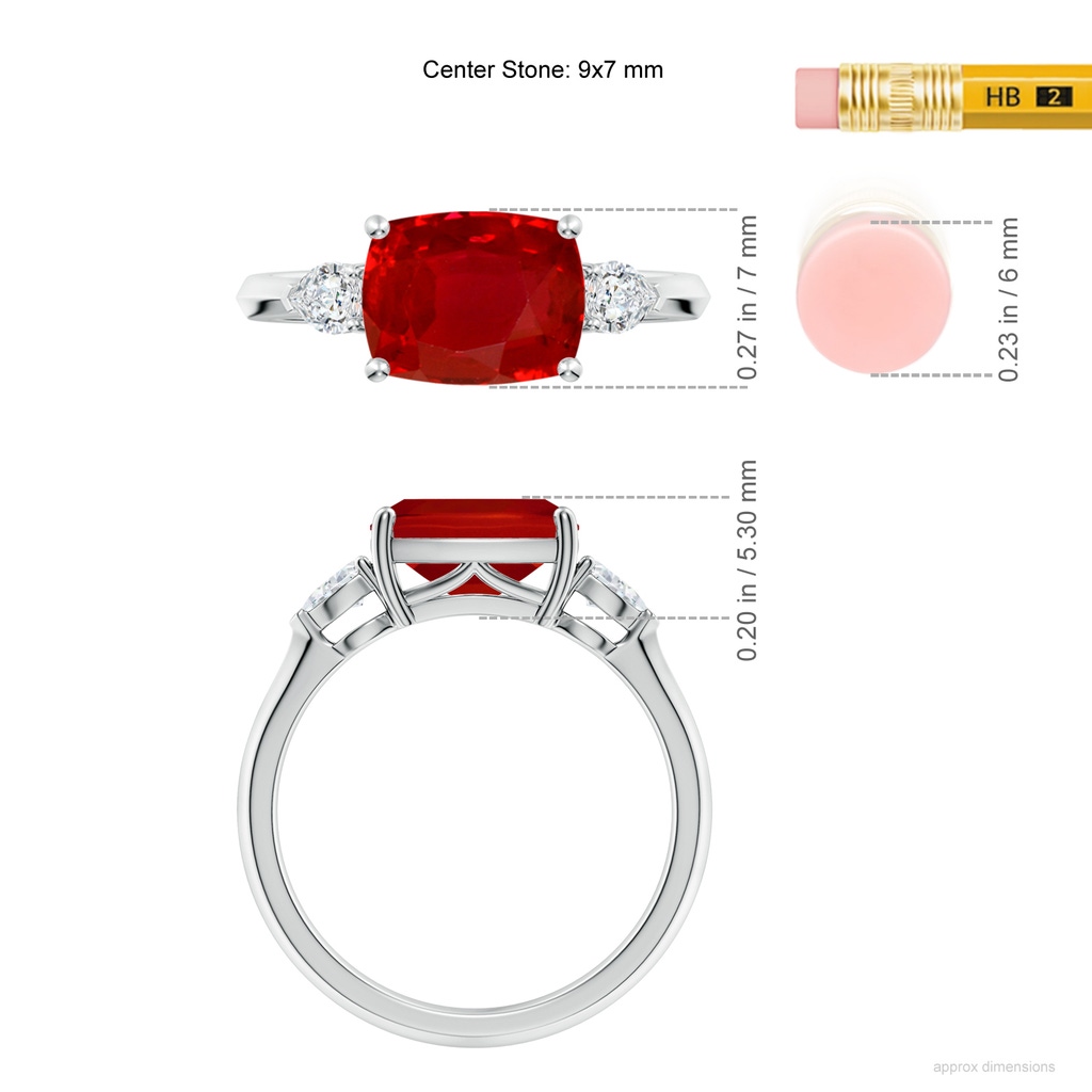 9x7mm AAA Classic East-West Cushion Rectangular Ruby Side Stone Engagement Ring in White Gold ruler