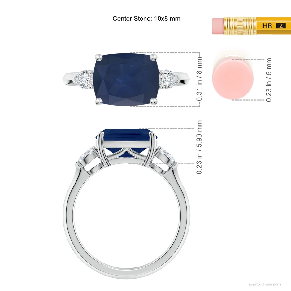 10x8mm A Classic East-West Cushion Rectangular Blue Sapphire Side Stone Engagement Ring in White Gold ruler