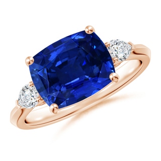 10x8mm AAAA Classic East-West Cushion Rectangular Blue Sapphire Side Stone Engagement Ring in 18K Rose Gold
