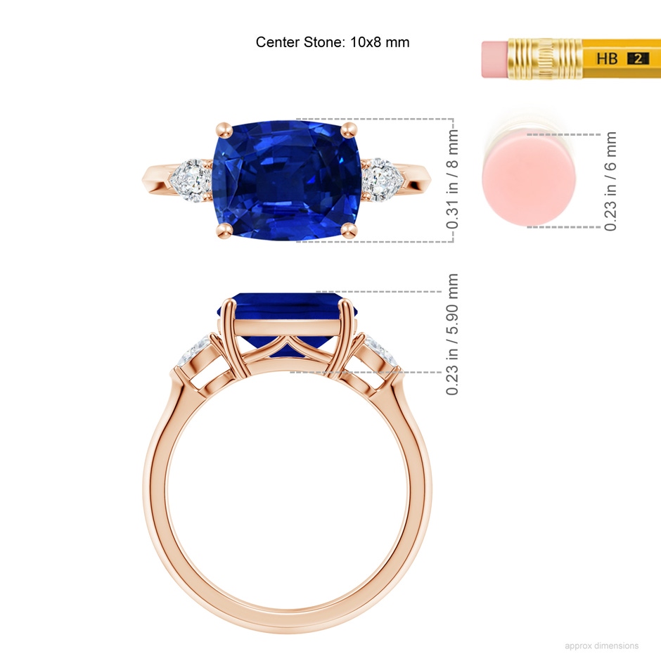 10x8mm AAAA Classic East-West Cushion Rectangular Blue Sapphire Side Stone Engagement Ring in 18K Rose Gold ruler