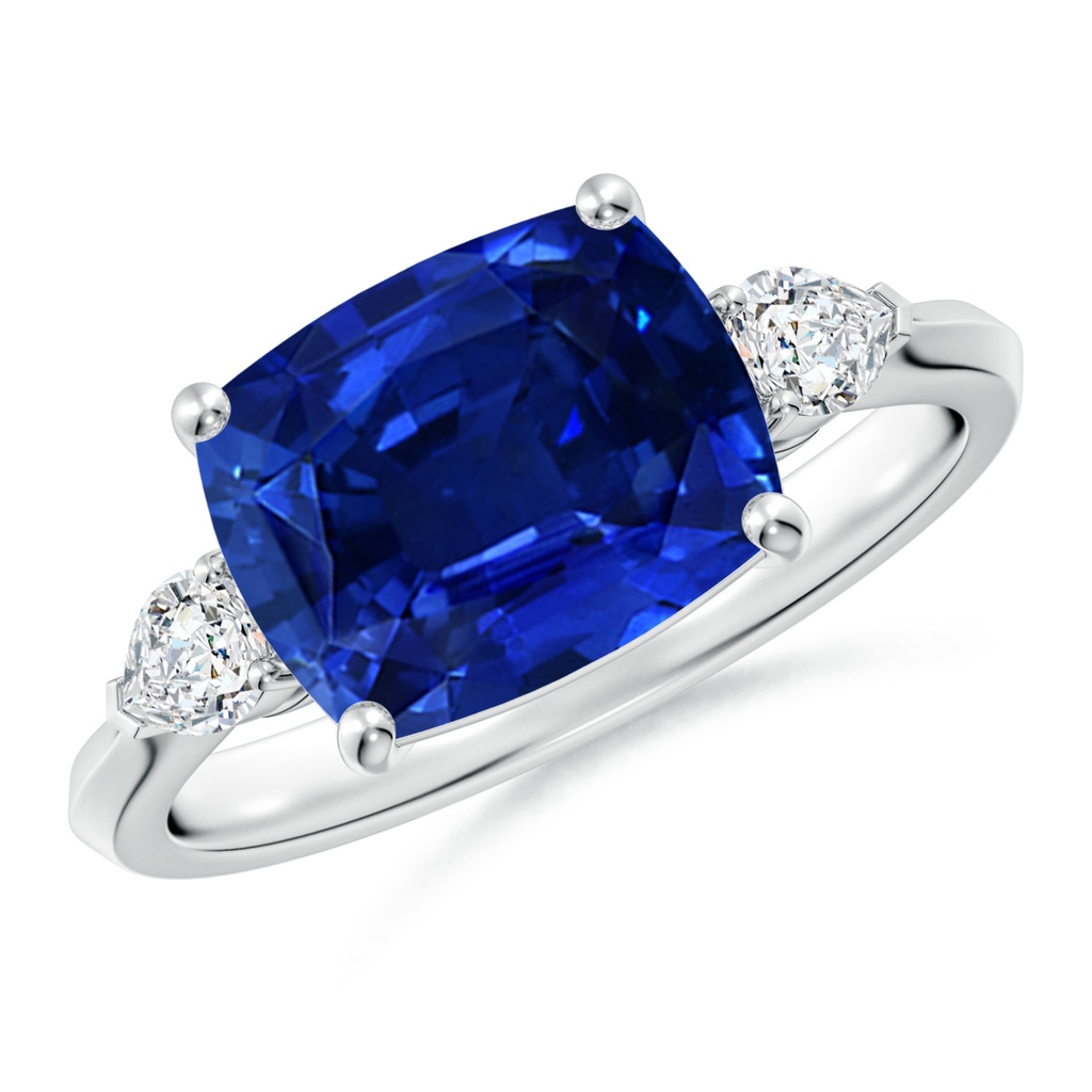 10x8mm Lab-Grown Classic East-West Cushion Rectangular Blue Sapphire Side Stone Engagement Ring in 18K White Gold