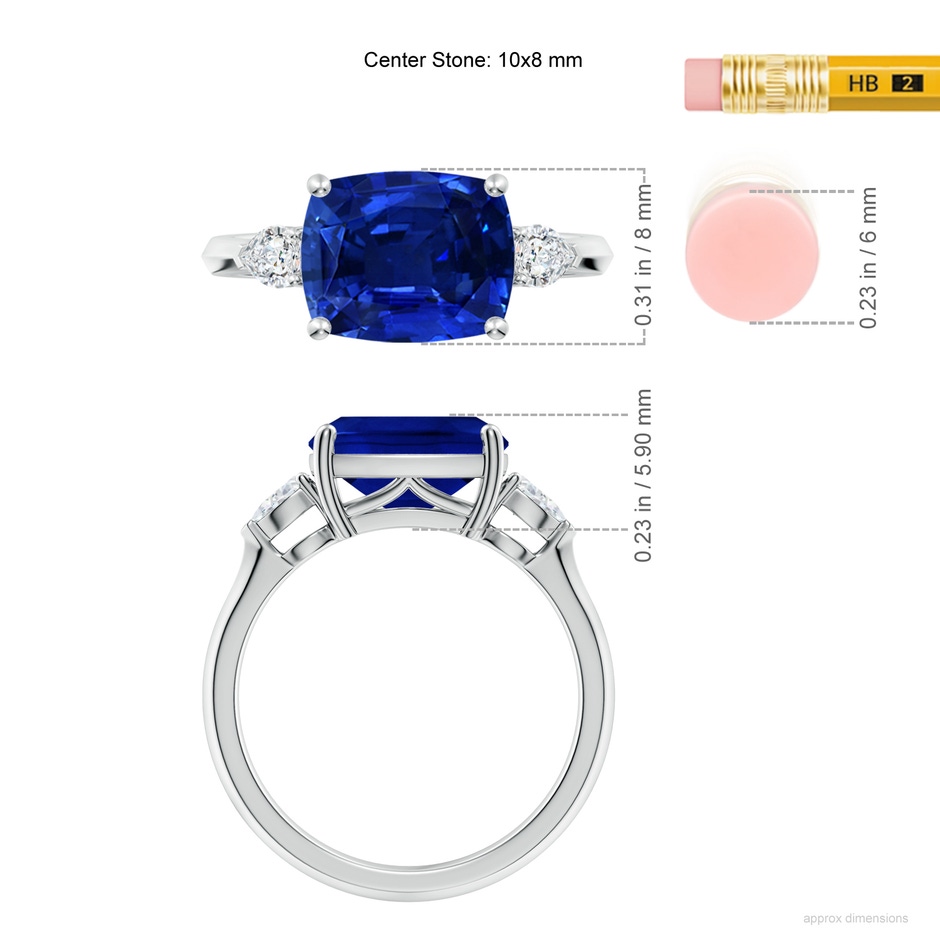 10x8mm Lab-Grown Classic East-West Cushion Rectangular Blue Sapphire Side Stone Engagement Ring in 18K White Gold ruler