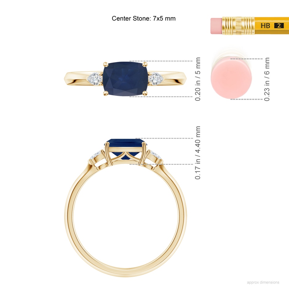 7x5mm A Classic East-West Cushion Rectangular Blue Sapphire Side Stone Engagement Ring in 9K Yellow Gold ruler