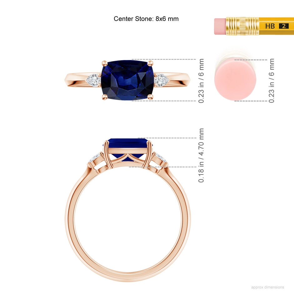 8x6mm AAA Classic East-West Cushion Rectangular Blue Sapphire Side Stone Engagement Ring in Rose Gold ruler