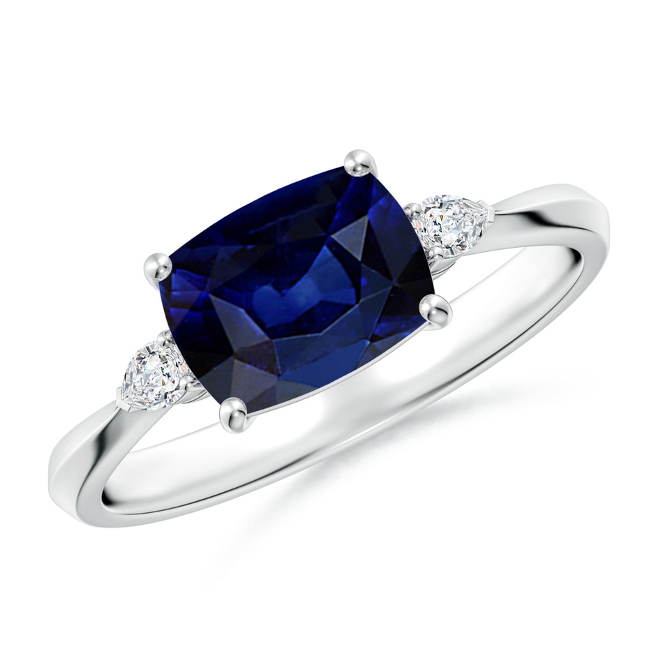8x6mm AAA Classic East-West Cushion Rectangular Blue Sapphire Side Stone Engagement Ring in White Gold 