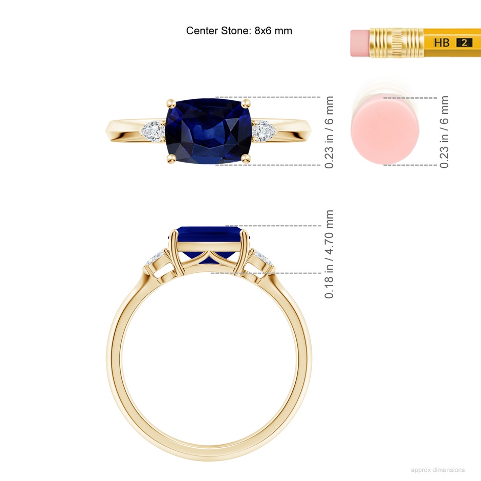 8x6mm AAA Classic East-West Cushion Rectangular Blue Sapphire Side Stone Engagement Ring in Yellow Gold ruler