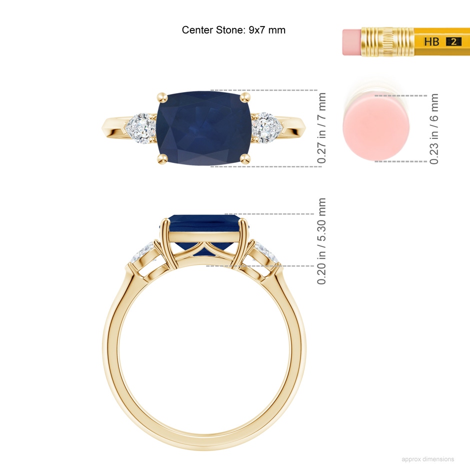 9x7mm A Classic East-West Cushion Rectangular Blue Sapphire Side Stone Engagement Ring in Yellow Gold ruler
