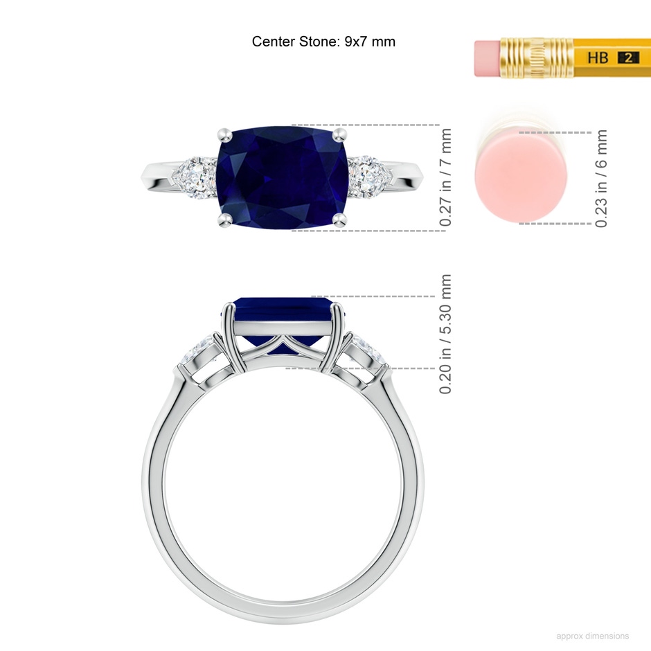 9x7mm AA Classic East-West Cushion Rectangular Blue Sapphire Side Stone Engagement Ring in 18K White Gold ruler