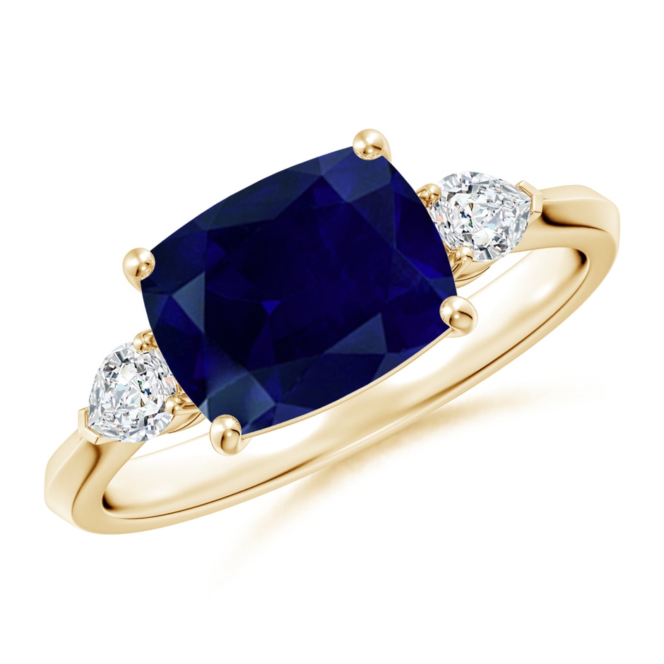 9x7mm AA Classic East-West Cushion Rectangular Blue Sapphire Side Stone Engagement Ring in Yellow Gold 