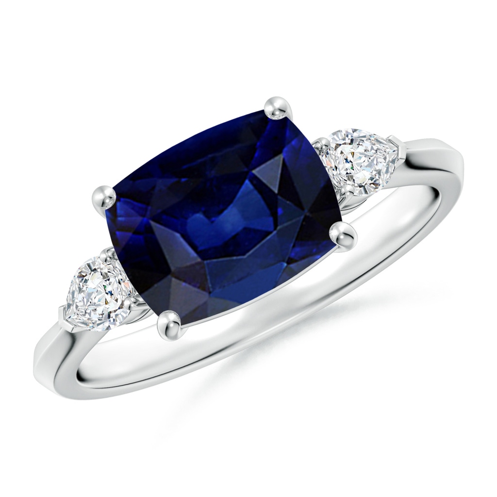 9x7mm AAA Classic East-West Cushion Rectangular Blue Sapphire Side Stone Engagement Ring in White Gold