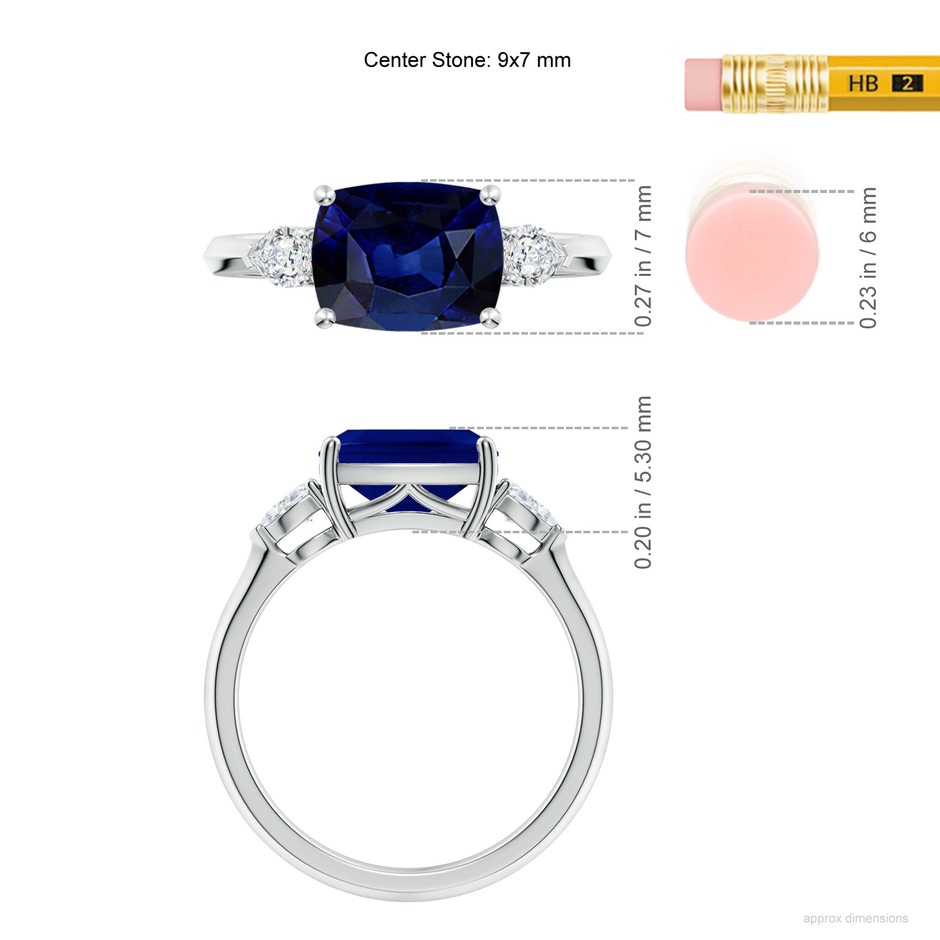 9x7mm AAA Classic East-West Cushion Rectangular Blue Sapphire Side Stone Engagement Ring in White Gold ruler