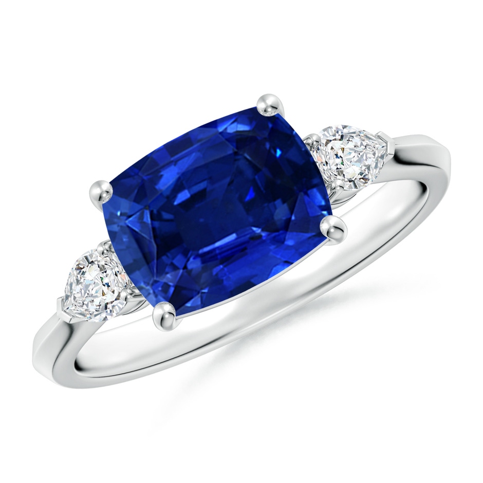 9x7mm Lab-Grown Classic East-West Cushion Rectangular Blue Sapphire Side Stone Engagement Ring in White Gold 