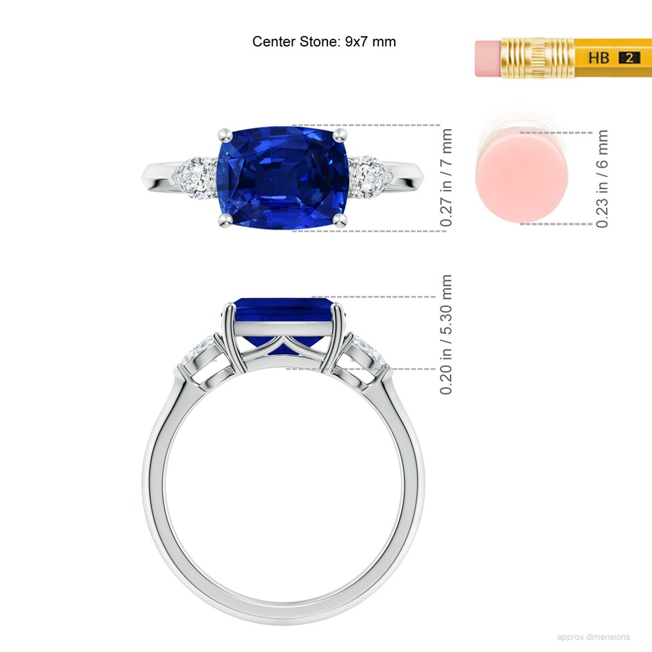 9x7mm Lab-Grown Classic East-West Cushion Rectangular Blue Sapphire Side Stone Engagement Ring in White Gold ruler