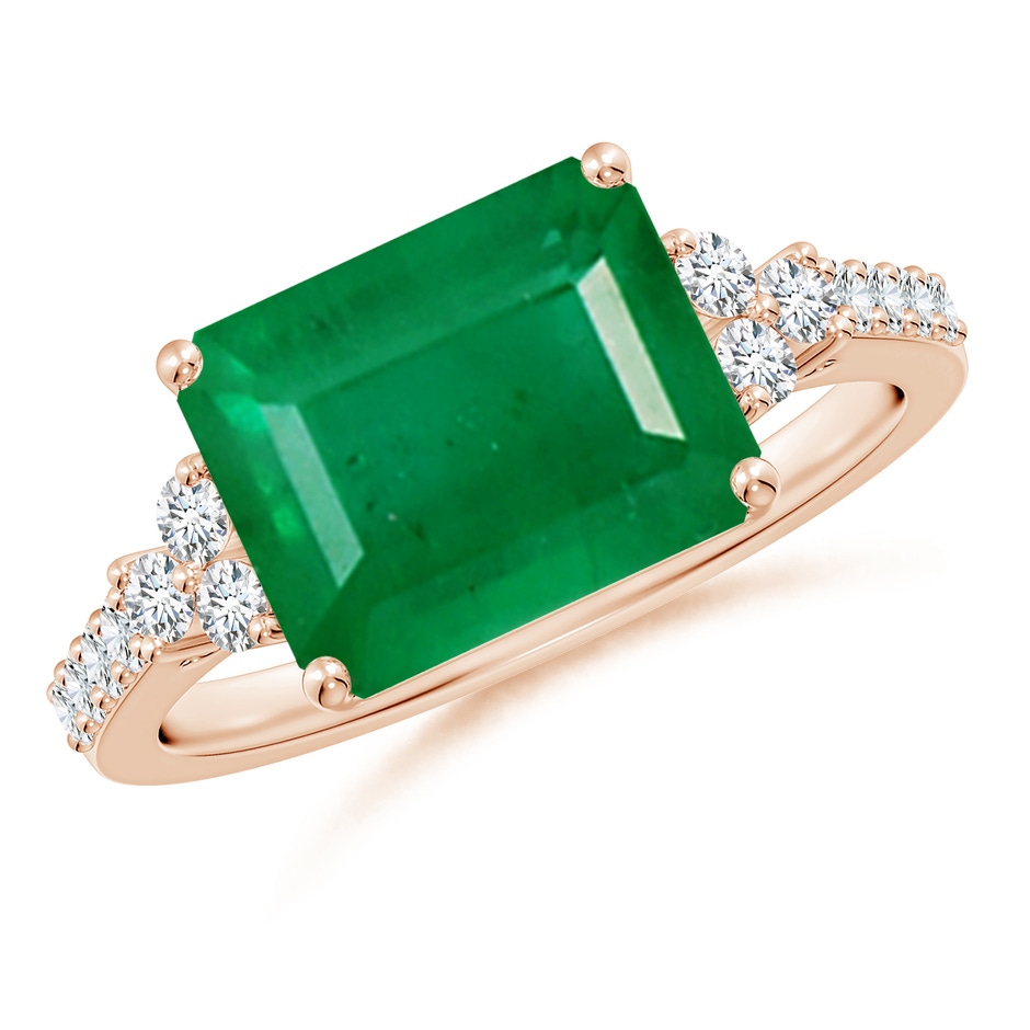 10x8mm AA East-West Emerald-Cut Emerald Side Stone Engagement Ring in 18K Rose Gold 