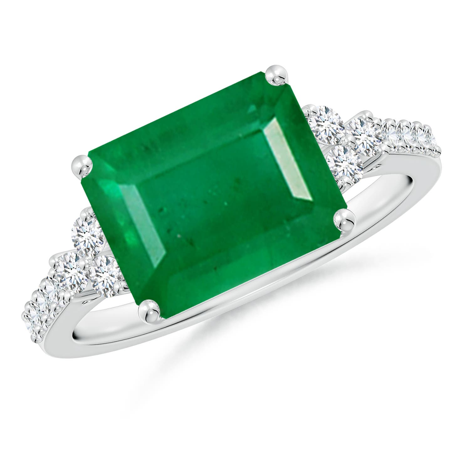 10x8mm AA East-West Emerald-Cut Emerald Side Stone Engagement Ring in White Gold