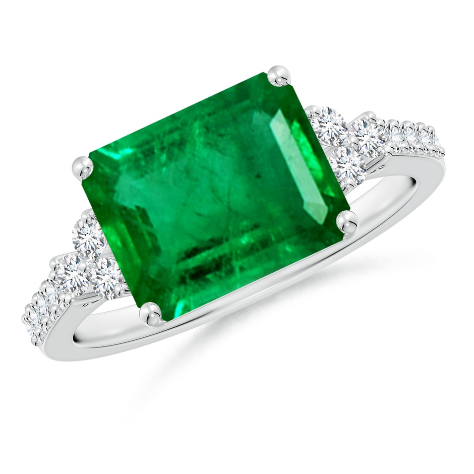 10x8mm AAA East-West Emerald-Cut Emerald Side Stone Engagement Ring in White Gold 