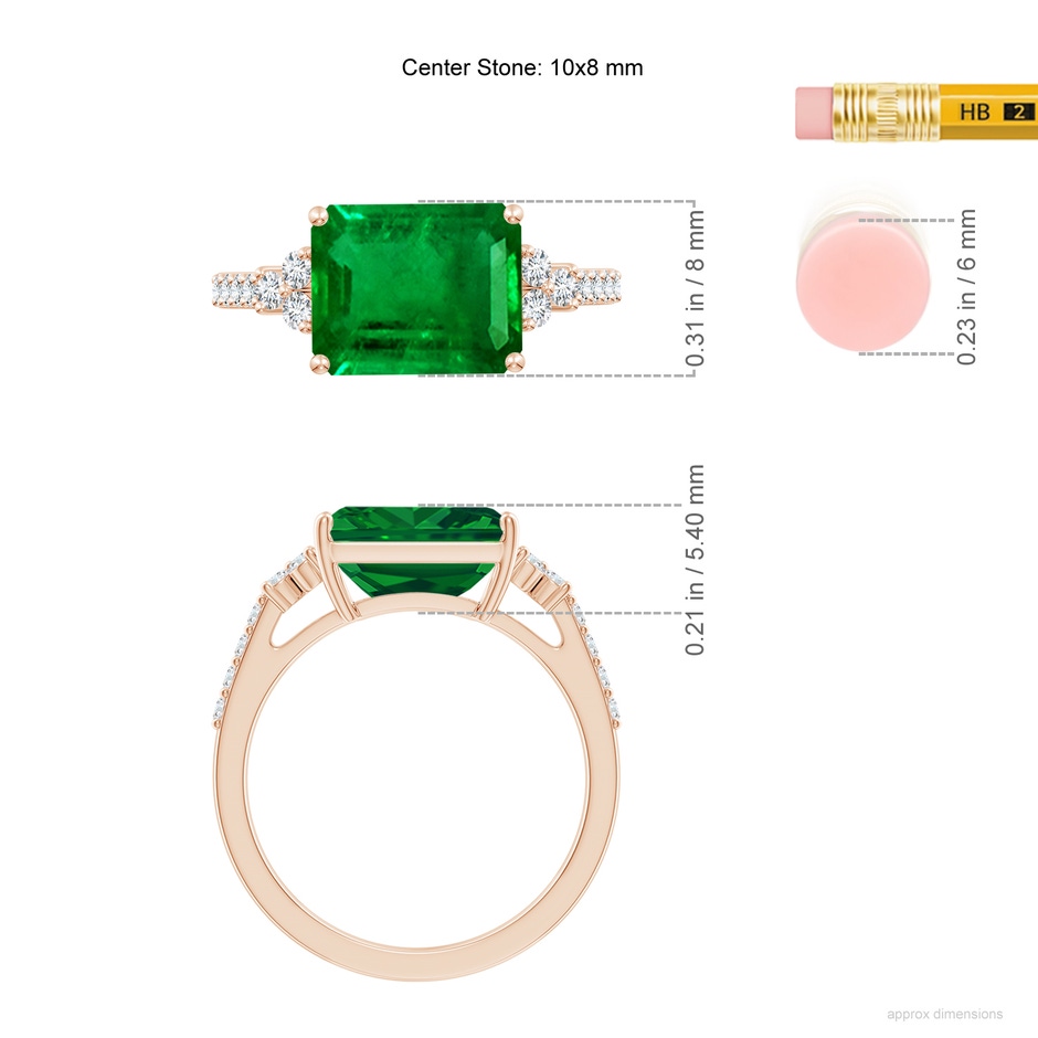 10x8mm AAAA East-West Emerald-Cut Emerald Side Stone Engagement Ring in Rose Gold ruler