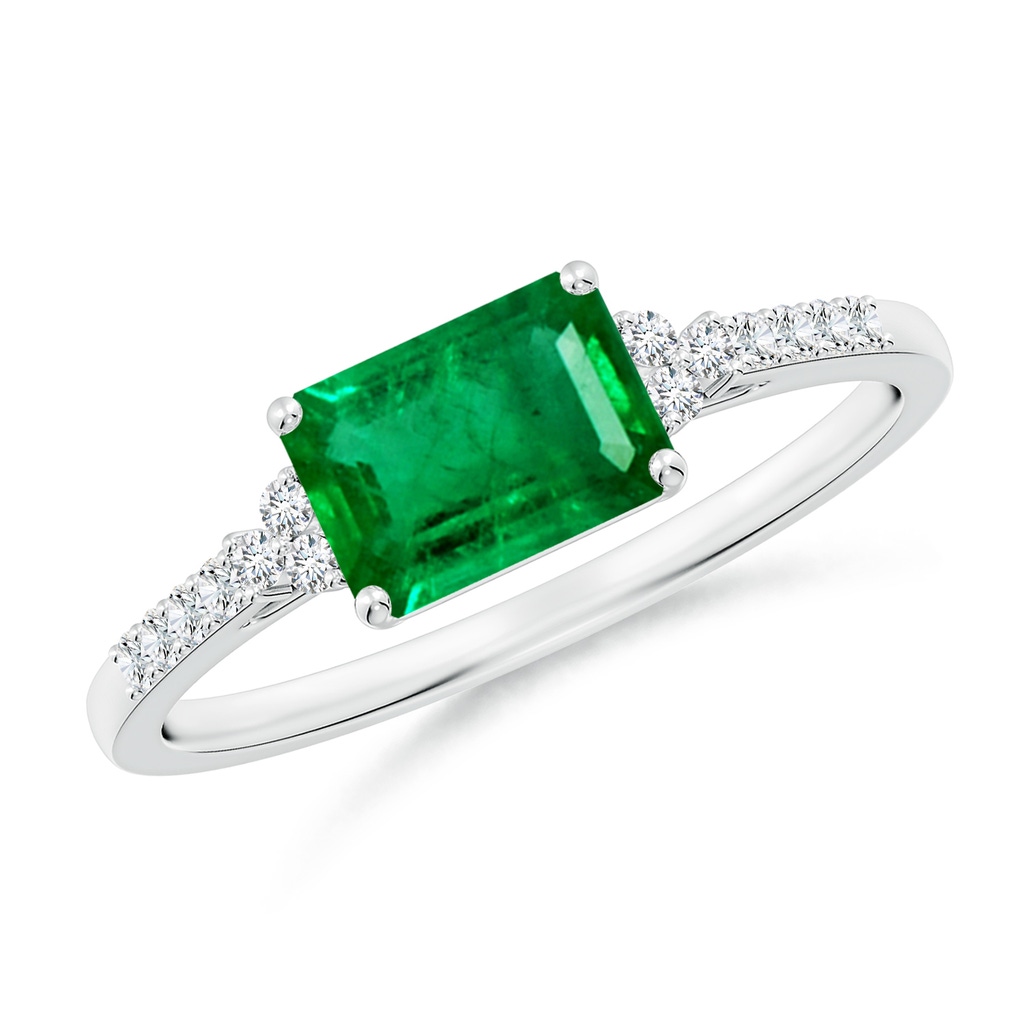 7x5mm AAA East-West Emerald-Cut Emerald Side Stone Engagement Ring in White Gold