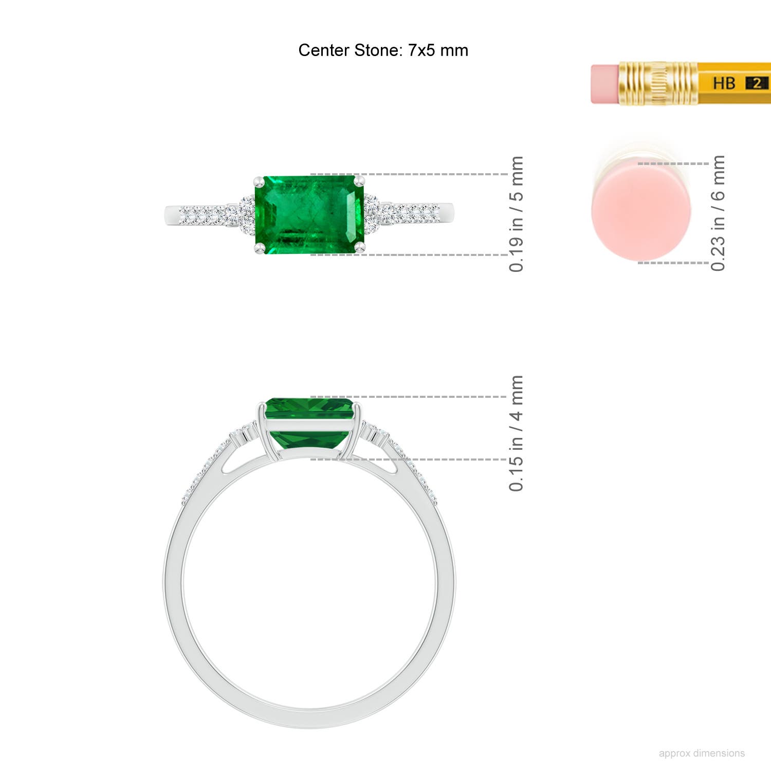 7x5mm AAA East-West Emerald-Cut Emerald Side Stone Engagement Ring in White Gold - ruler