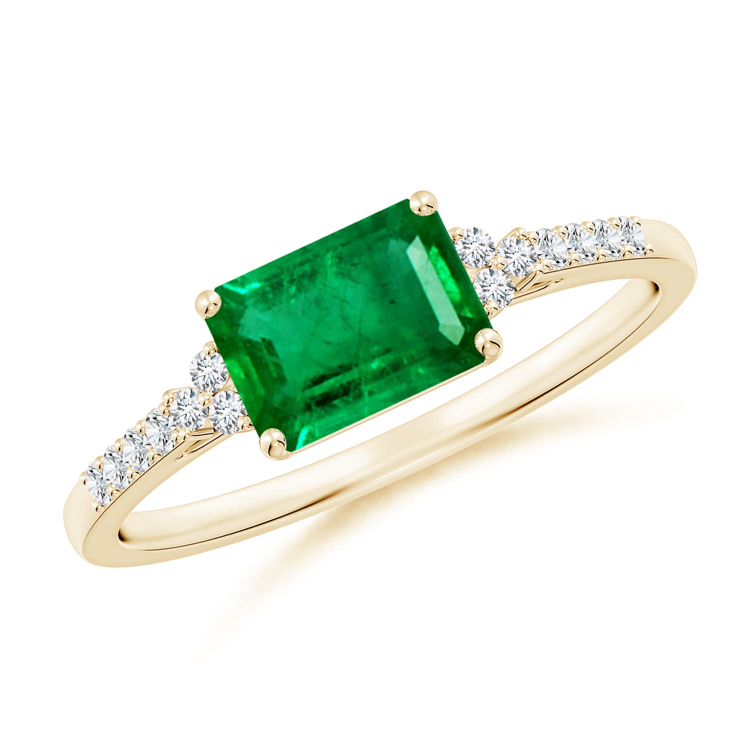 7x5mm AAA East-West Emerald-Cut Emerald Side Stone Engagement Ring in Yellow Gold