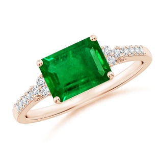 8x6mm AAAA East-West Emerald-Cut Emerald Side Stone Engagement Ring in 18K Rose Gold