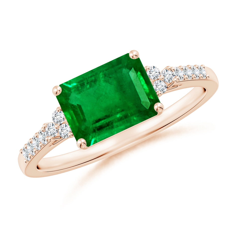 8x6mm AAAA East-West Emerald-Cut Emerald Side Stone Engagement Ring in Rose Gold 
