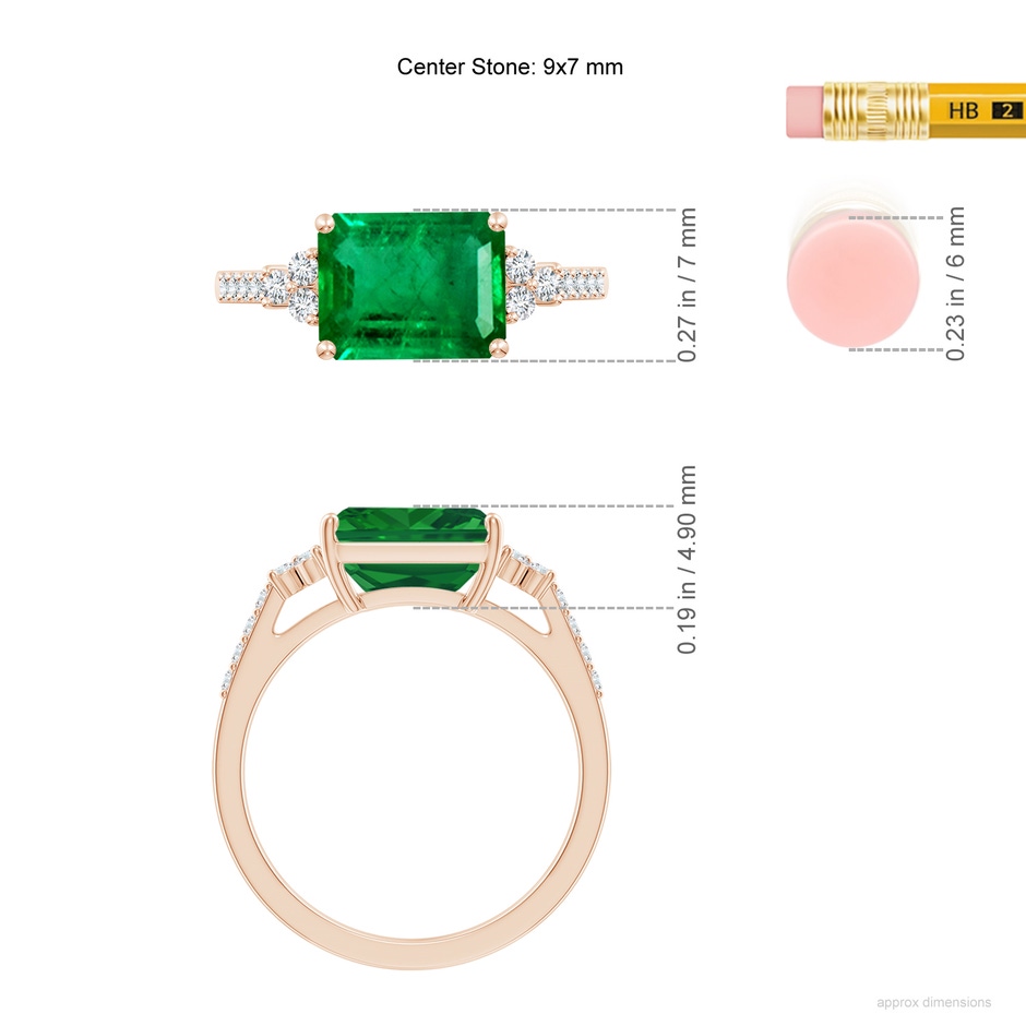 9x7mm AAA East-West Emerald-Cut Emerald Side Stone Engagement Ring in Rose Gold ruler