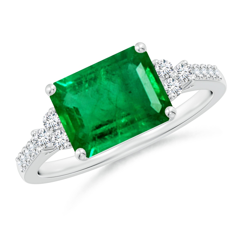 9x7mm AAA East-West Emerald-Cut Emerald Side Stone Engagement Ring in White Gold 