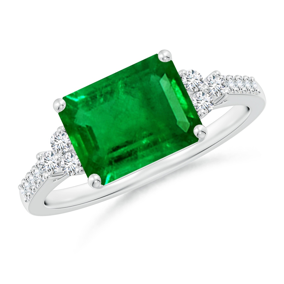 9x7mm AAAA East-West Emerald-Cut Emerald Side Stone Engagement Ring in P950 Platinum 