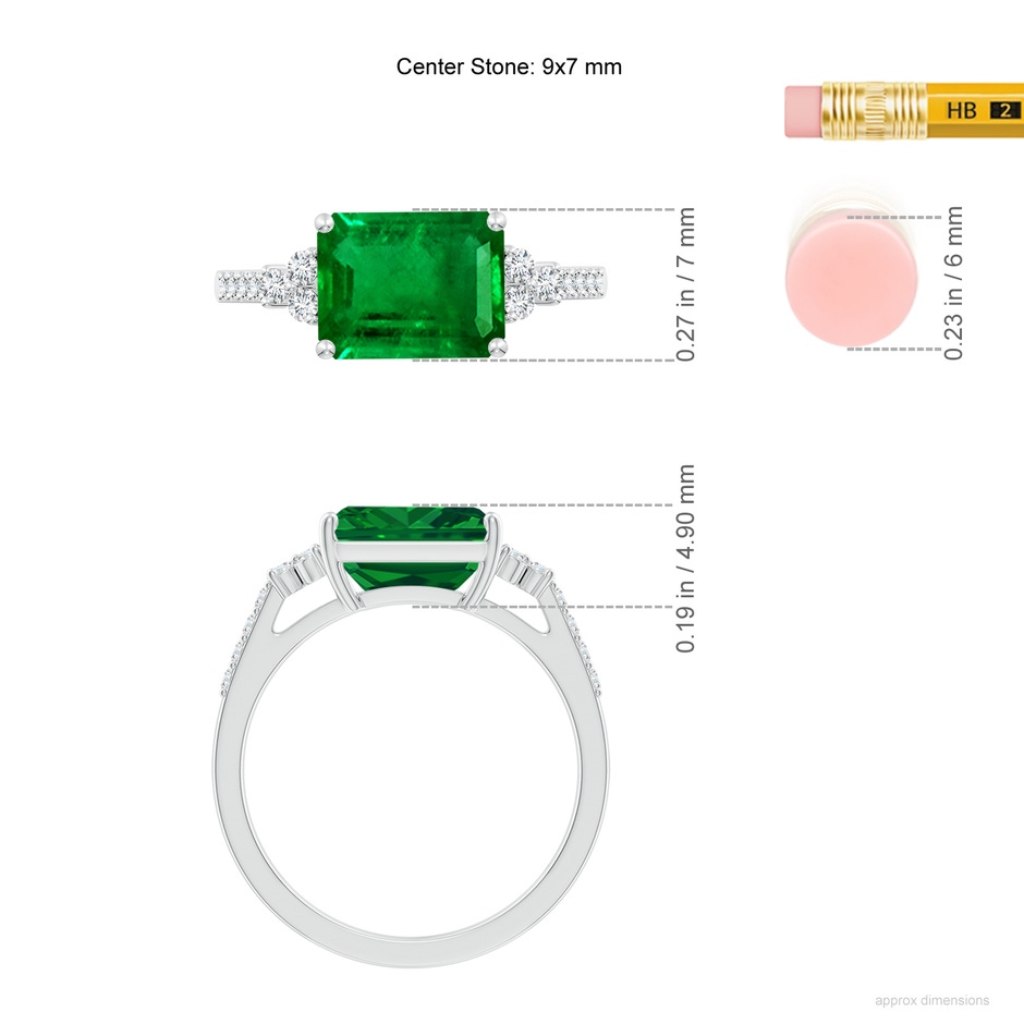 9x7mm AAAA East-West Emerald-Cut Emerald Side Stone Engagement Ring in P950 Platinum ruler