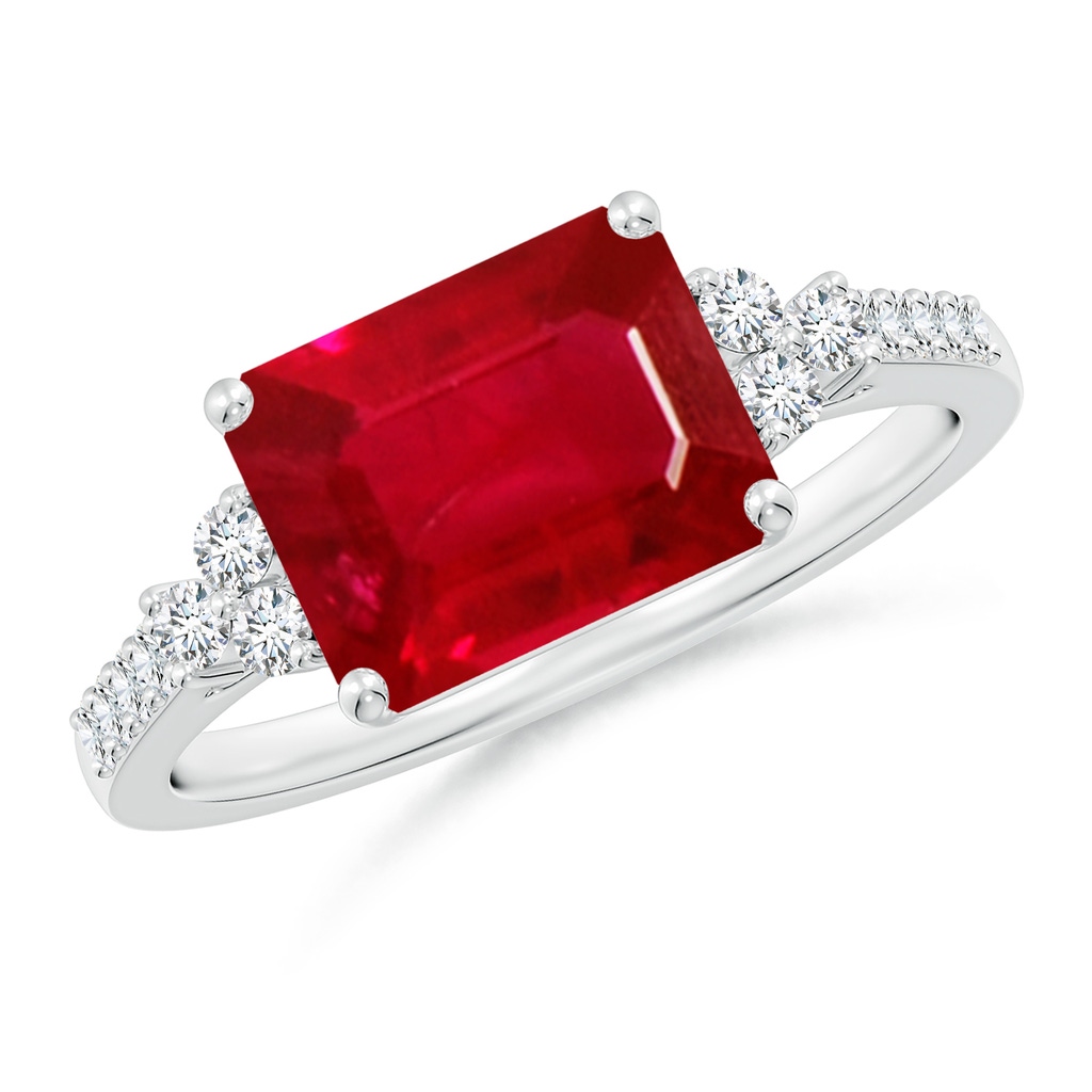 9x7mm AAA East-West Emerald-Cut Ruby Side Stone Engagement Ring in White Gold