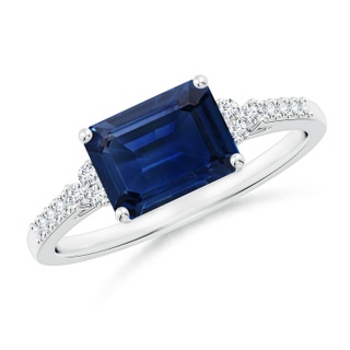 8x6mm AAA East-West Emerald-Cut Blue Sapphire Side Stone Engagement Ring in White Gold