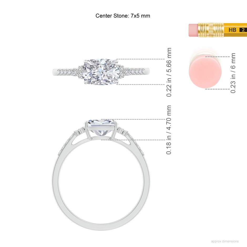 7x5mm HSI2 East-West Cushion Rectangular Diamond Side Stone Engagement Ring in White Gold ruler