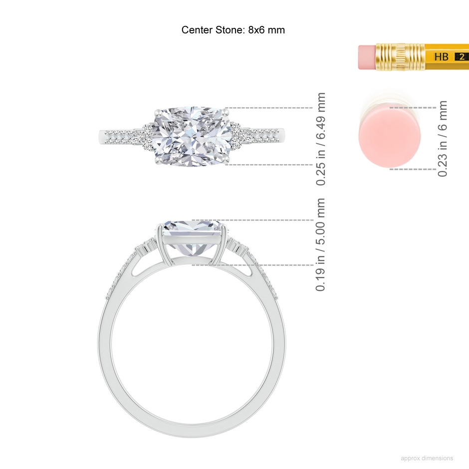 8x6mm HSI2 East-West Cushion Rectangular Diamond Side Stone Engagement Ring in White Gold ruler