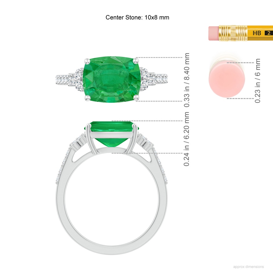 10x8mm AA East-West Cushion Rectangular Emerald Side Stone Engagement Ring in White Gold ruler