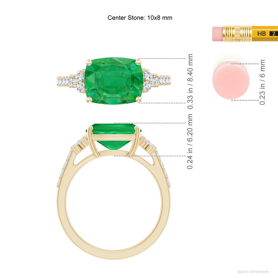 10x8mm AA East-West Cushion Rectangular Emerald Side Stone Engagement Ring in Yellow Gold ruler